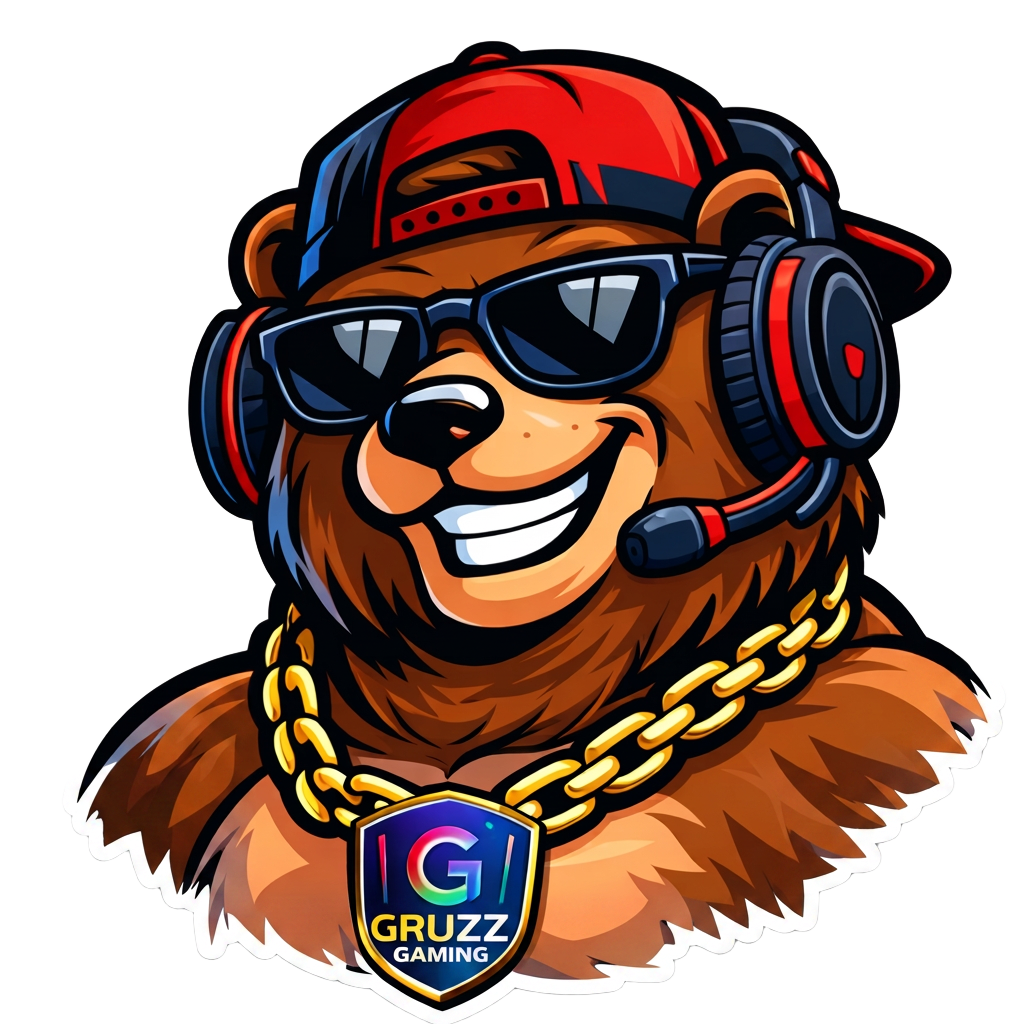 The Big Gruzz mascot — grizzly bear in a backward red snapback, black sunglasses, gaming headset and gold Gruzz chain